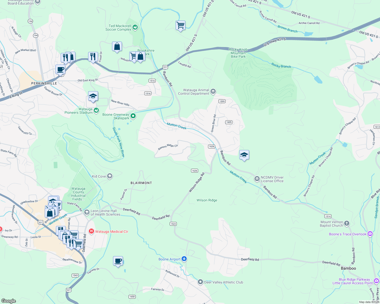 map of restaurants, bars, coffee shops, grocery stores, and more near 1408 Ravens Ridge Circle in Boone