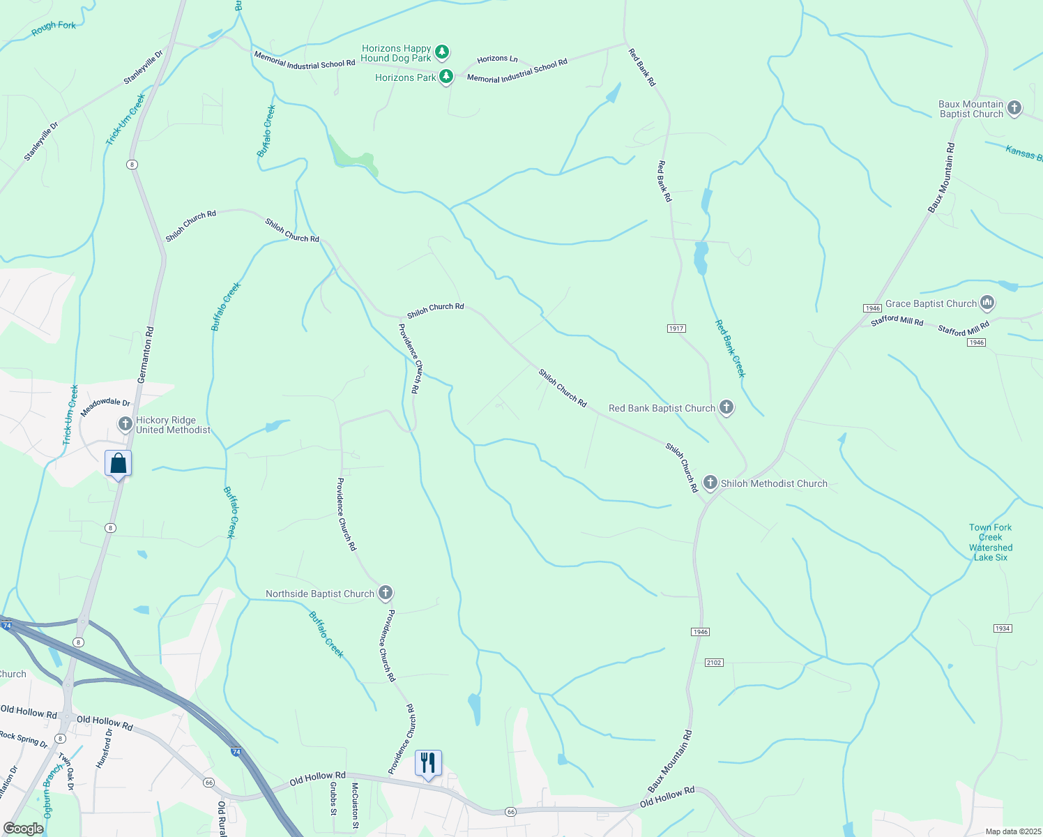 map of restaurants, bars, coffee shops, grocery stores, and more near 1255 Chevelle Lane in Winston-Salem