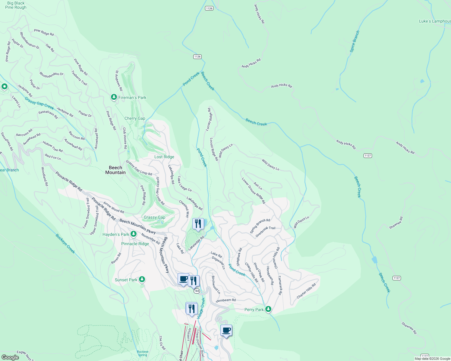 map of restaurants, bars, coffee shops, grocery stores, and more near 136 Locust Ridge Road in Beech Mountain
