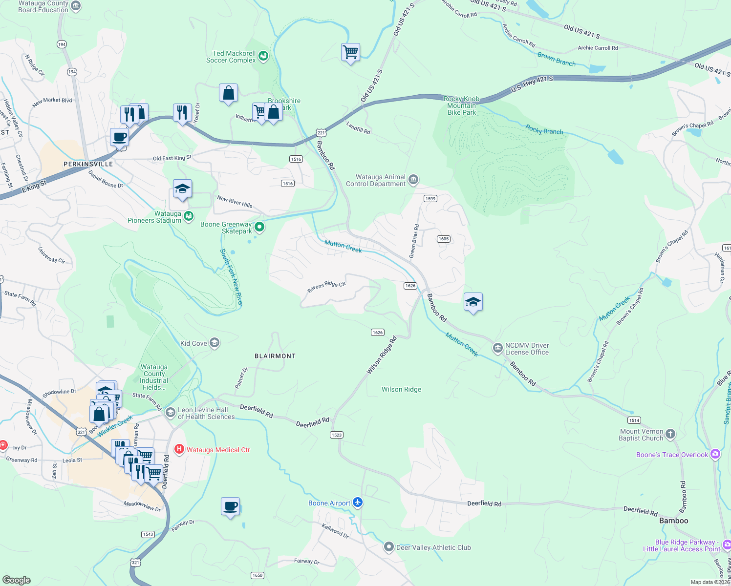 map of restaurants, bars, coffee shops, grocery stores, and more near 1408 Ravens Ridge Circle in Boone