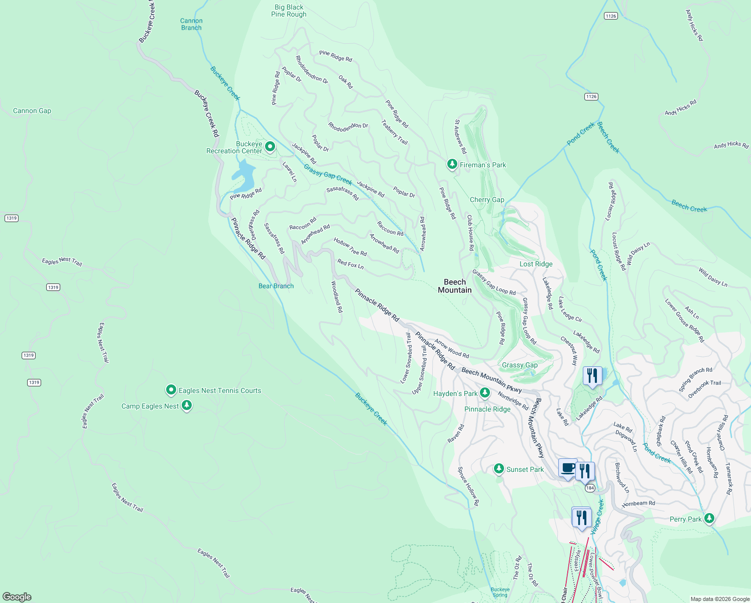 map of restaurants, bars, coffee shops, grocery stores, and more near 314 Pinnacle Ridge Road in Beech Mountain
