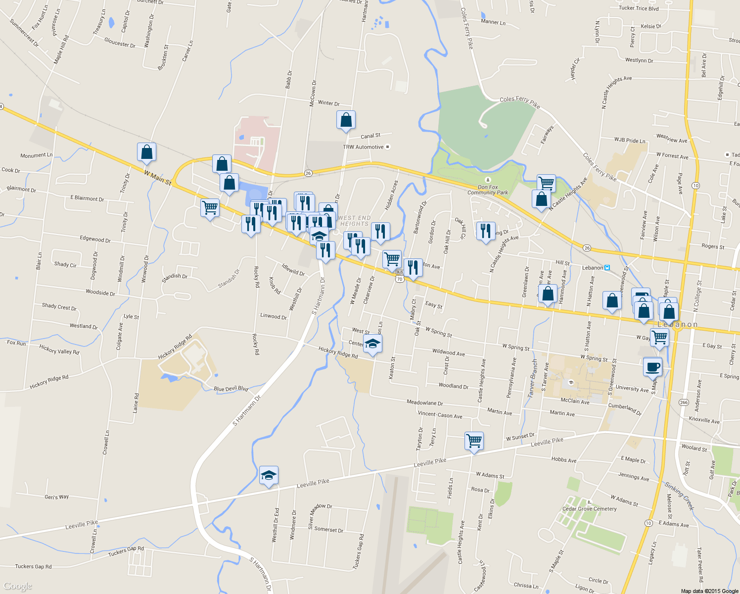 map of restaurants, bars, coffee shops, grocery stores, and more near 113 Clearview Dr in Lebanon