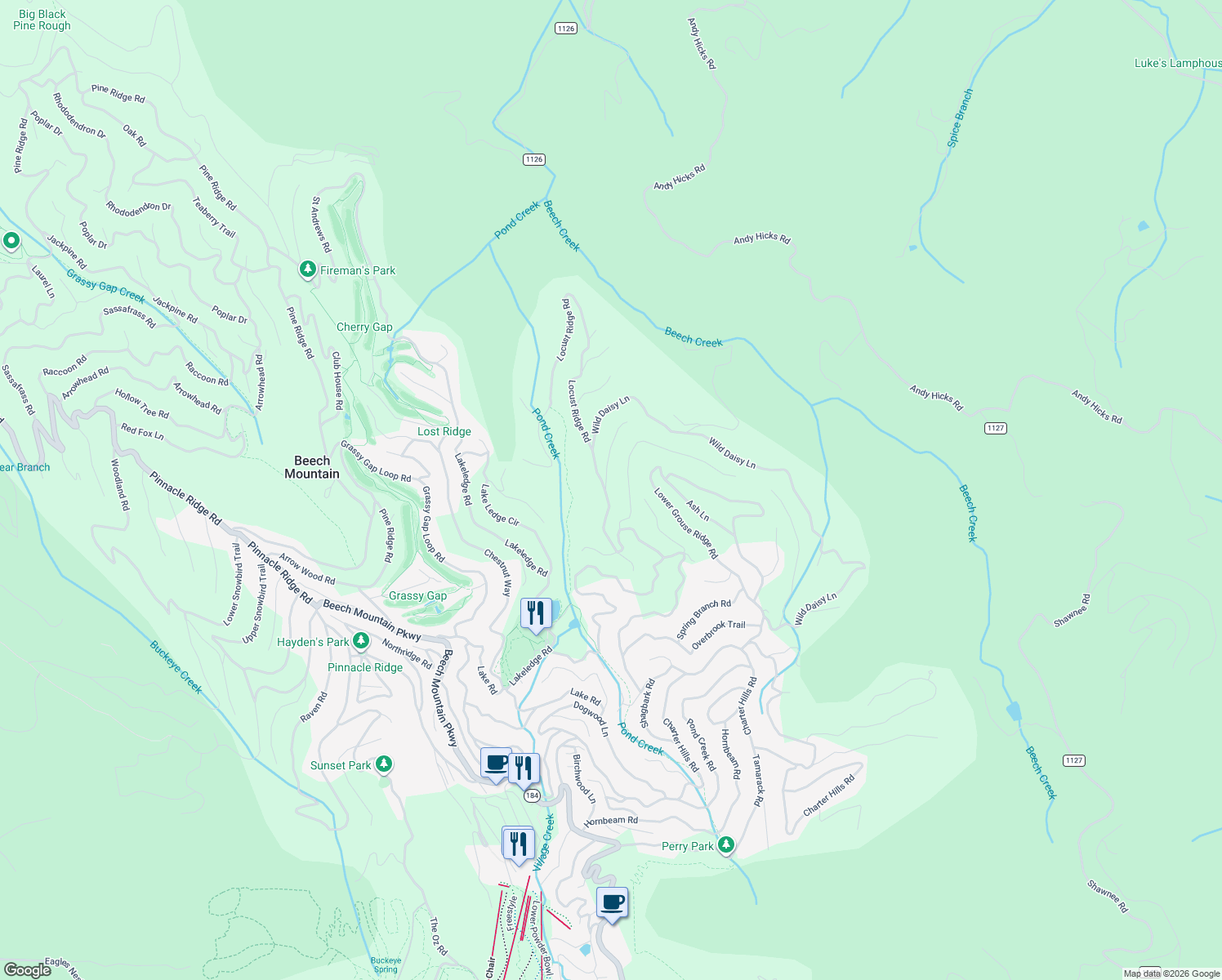 map of restaurants, bars, coffee shops, grocery stores, and more near 136 Locust Ridge Road in Beech Mountain
