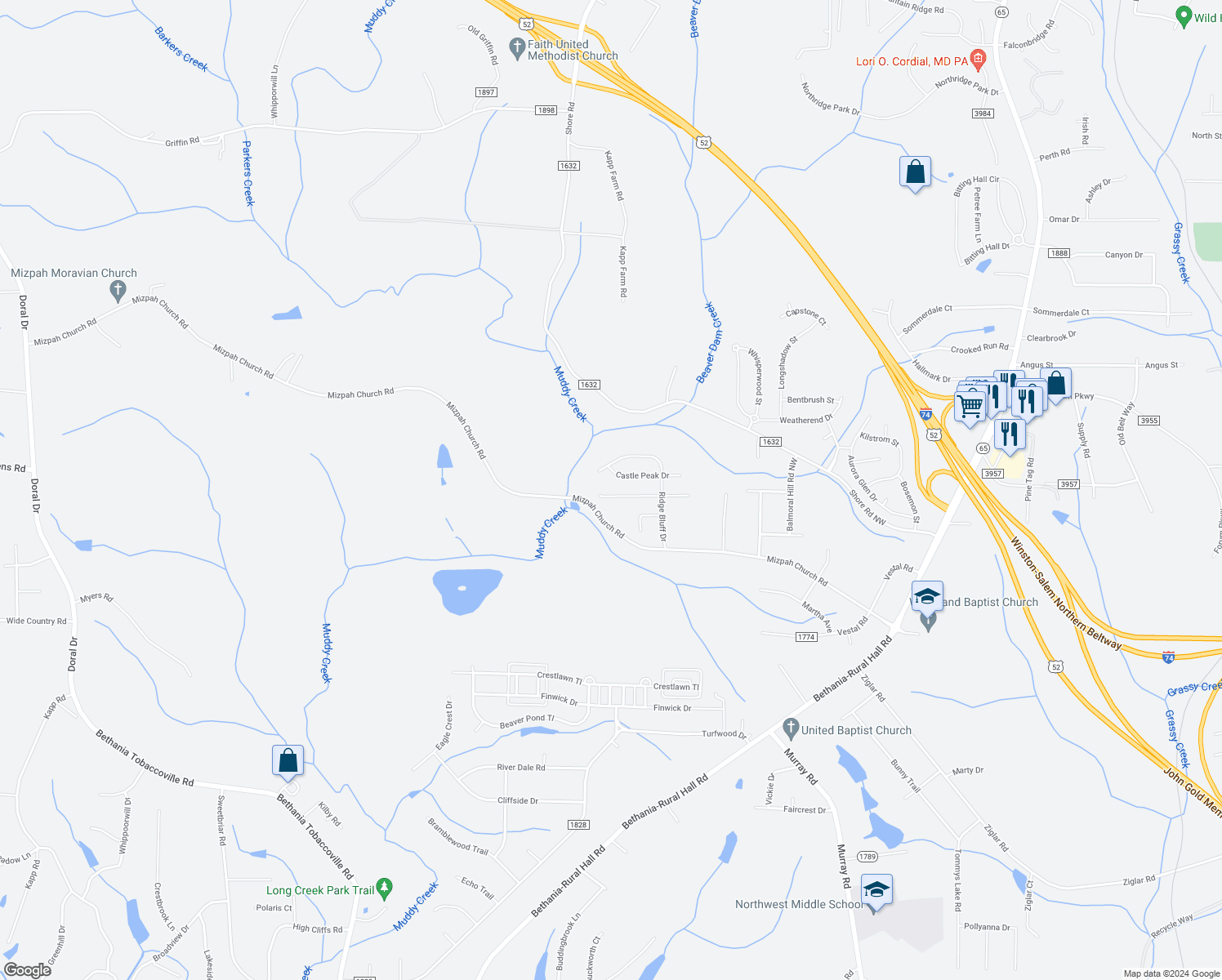 map of restaurants, bars, coffee shops, grocery stores, and more near 1765 Pinnacle Oaks Drive in Rural Hall
