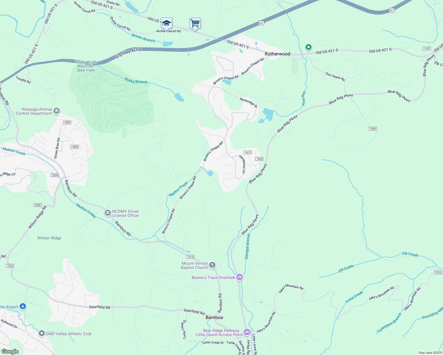 map of restaurants, bars, coffee shops, grocery stores, and more near 202 Snowy Oak Road in Boone