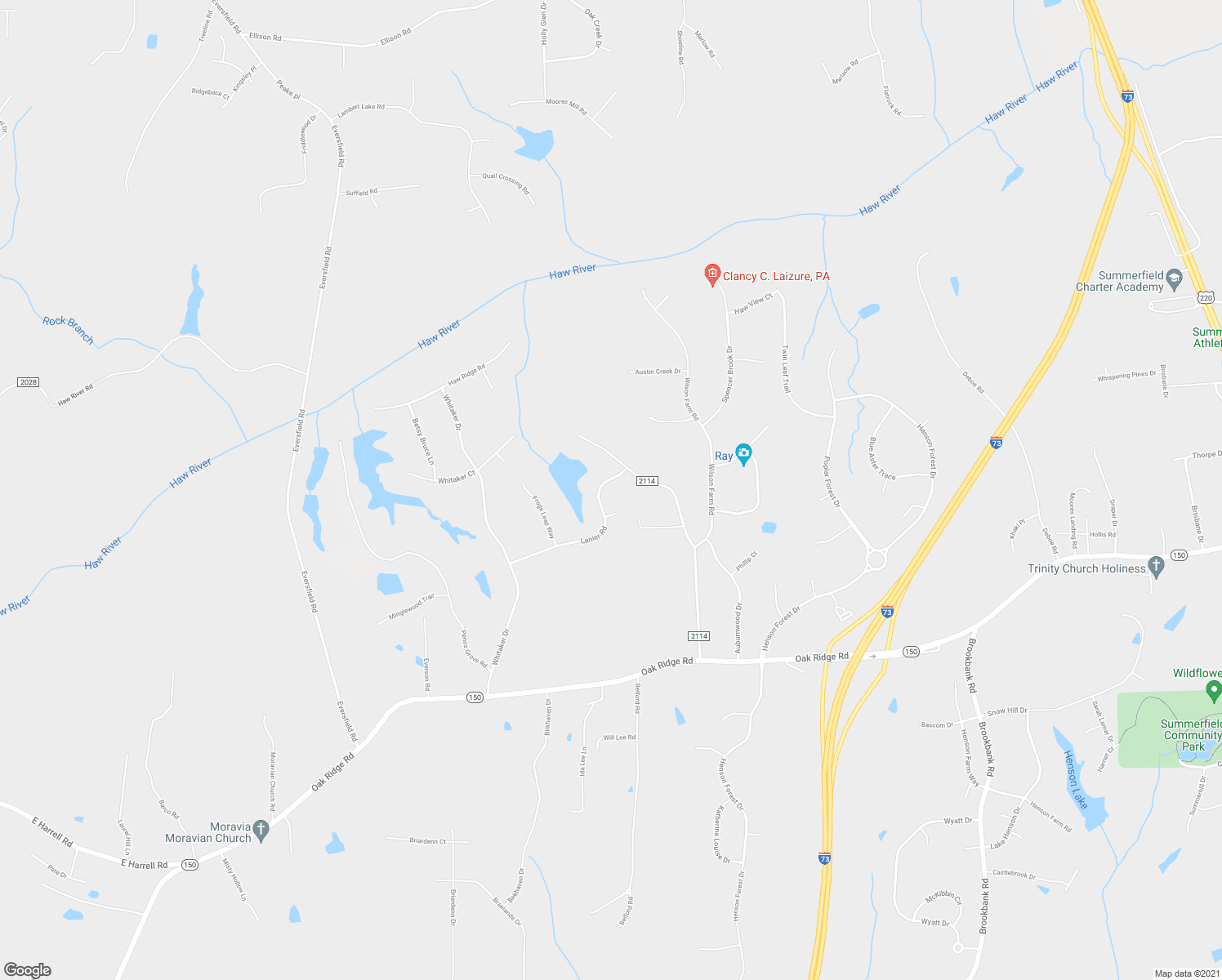 map of restaurants, bars, coffee shops, grocery stores, and more near 7070 Lanier Road in Summerfield