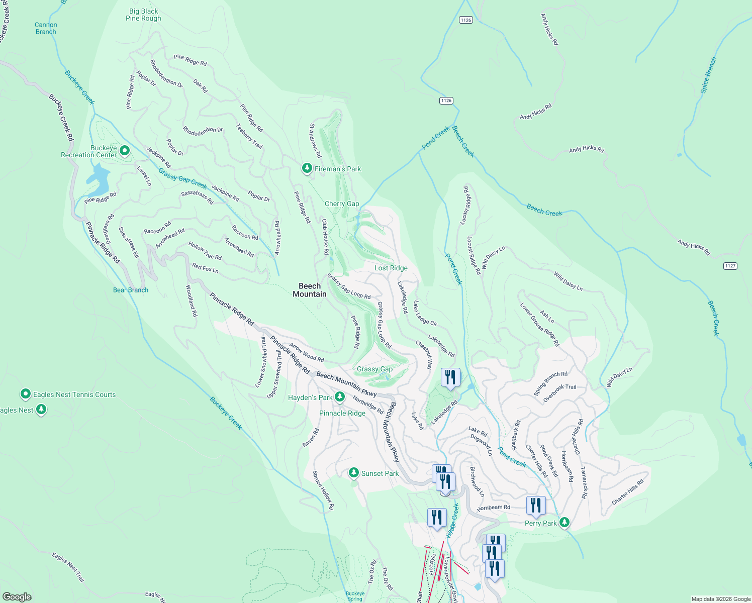 map of restaurants, bars, coffee shops, grocery stores, and more near 153 Grassy Gap Loop Rd in Beech Mountain