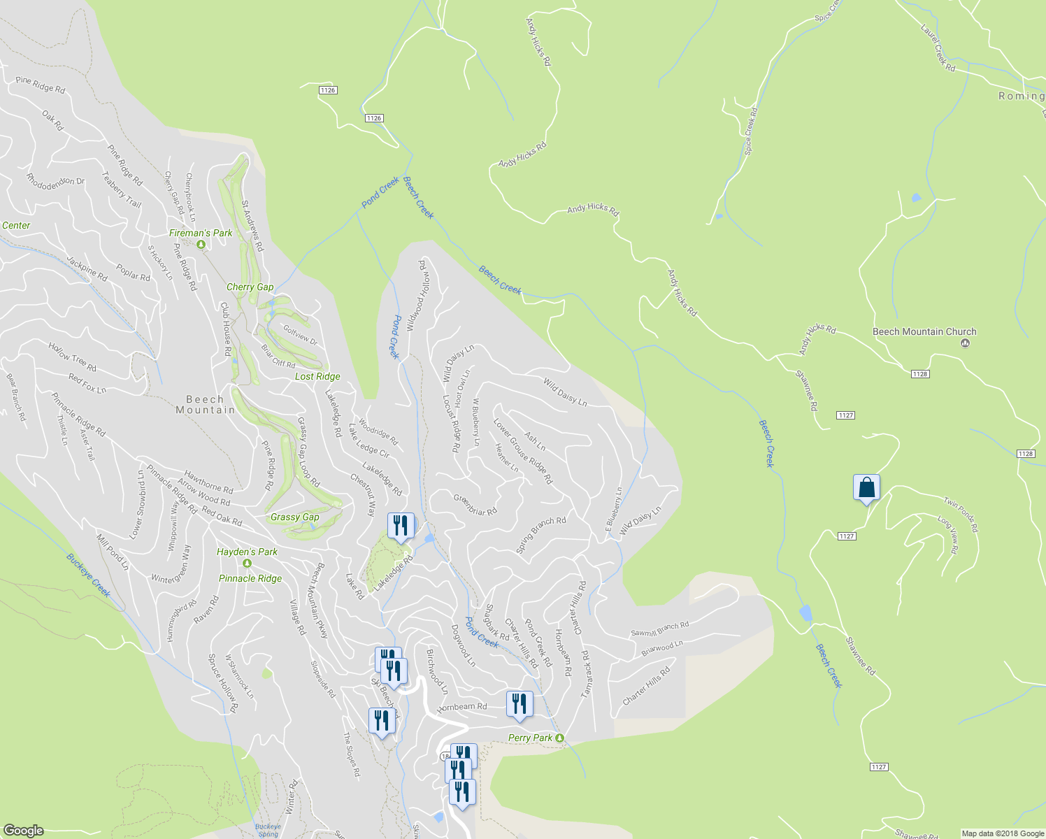 map of restaurants, bars, coffee shops, grocery stores, and more near 237 Upper Grouse Ridge Road in Beech Mountain
