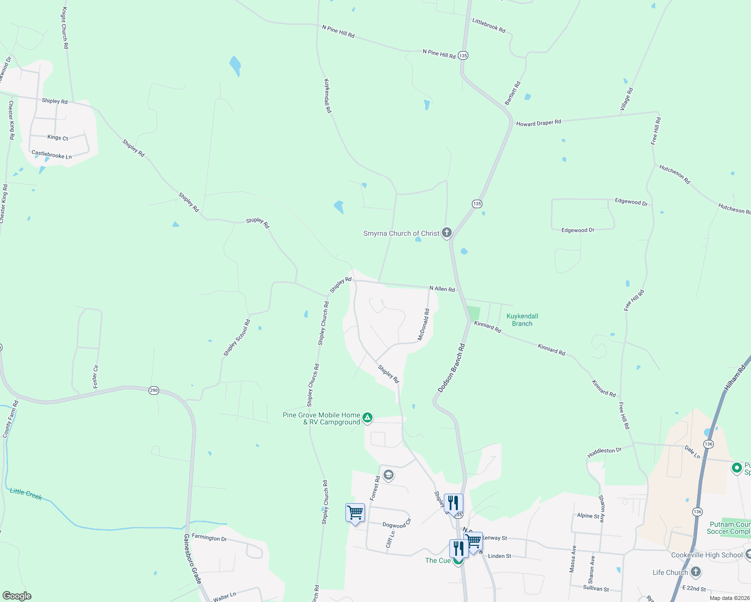 map of restaurants, bars, coffee shops, grocery stores, and more near 1070 McGregor Lane in Cookeville