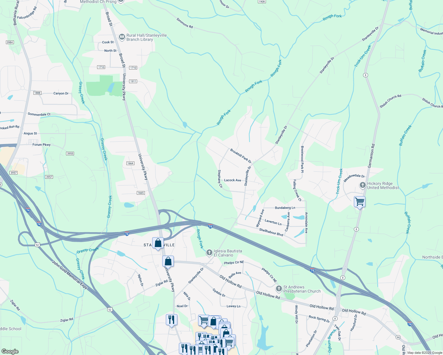 map of restaurants, bars, coffee shops, grocery stores, and more near 705 Lacock Avenue in Rural Hall