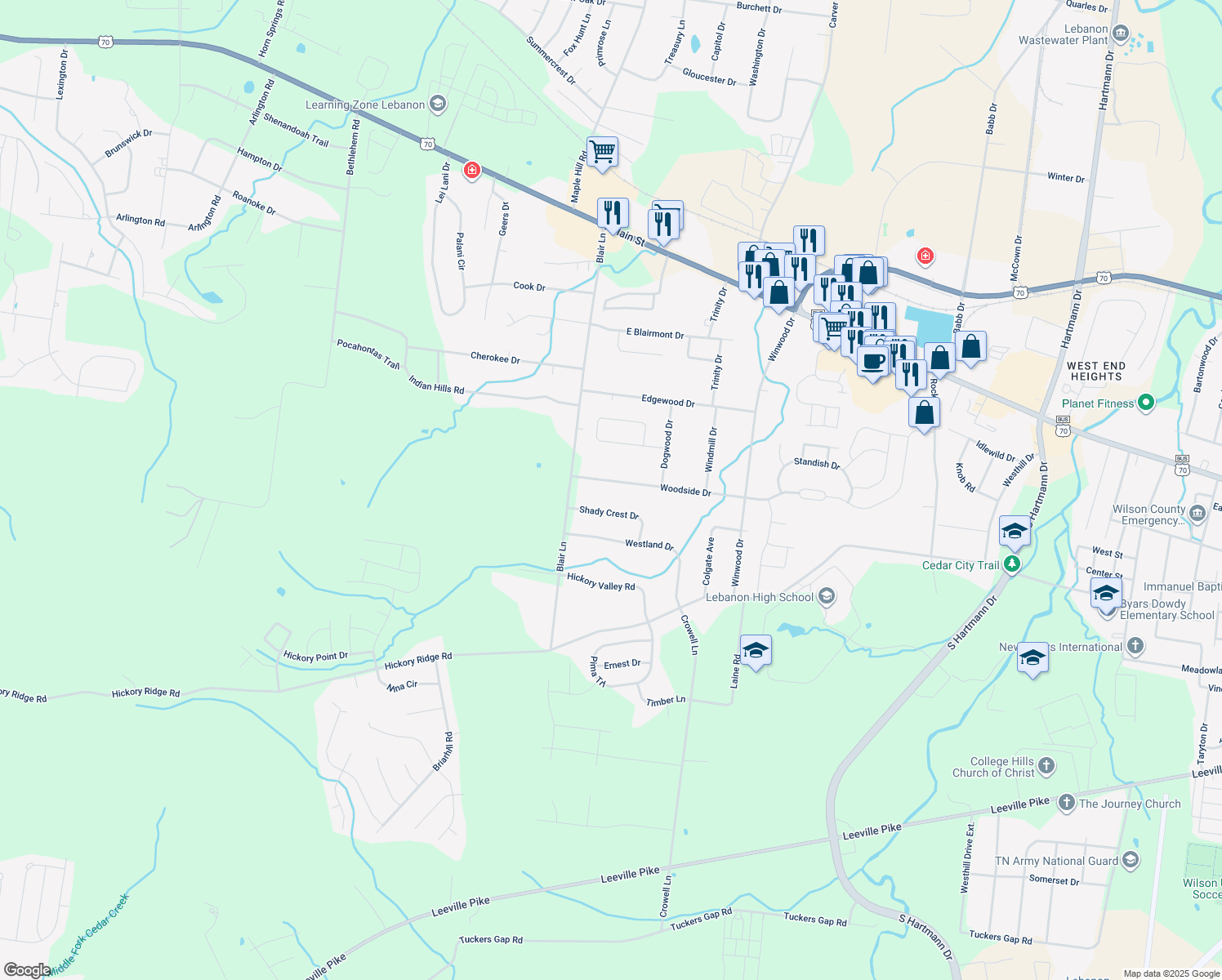 map of restaurants, bars, coffee shops, grocery stores, and more near 1628 Woodside Drive in Lebanon