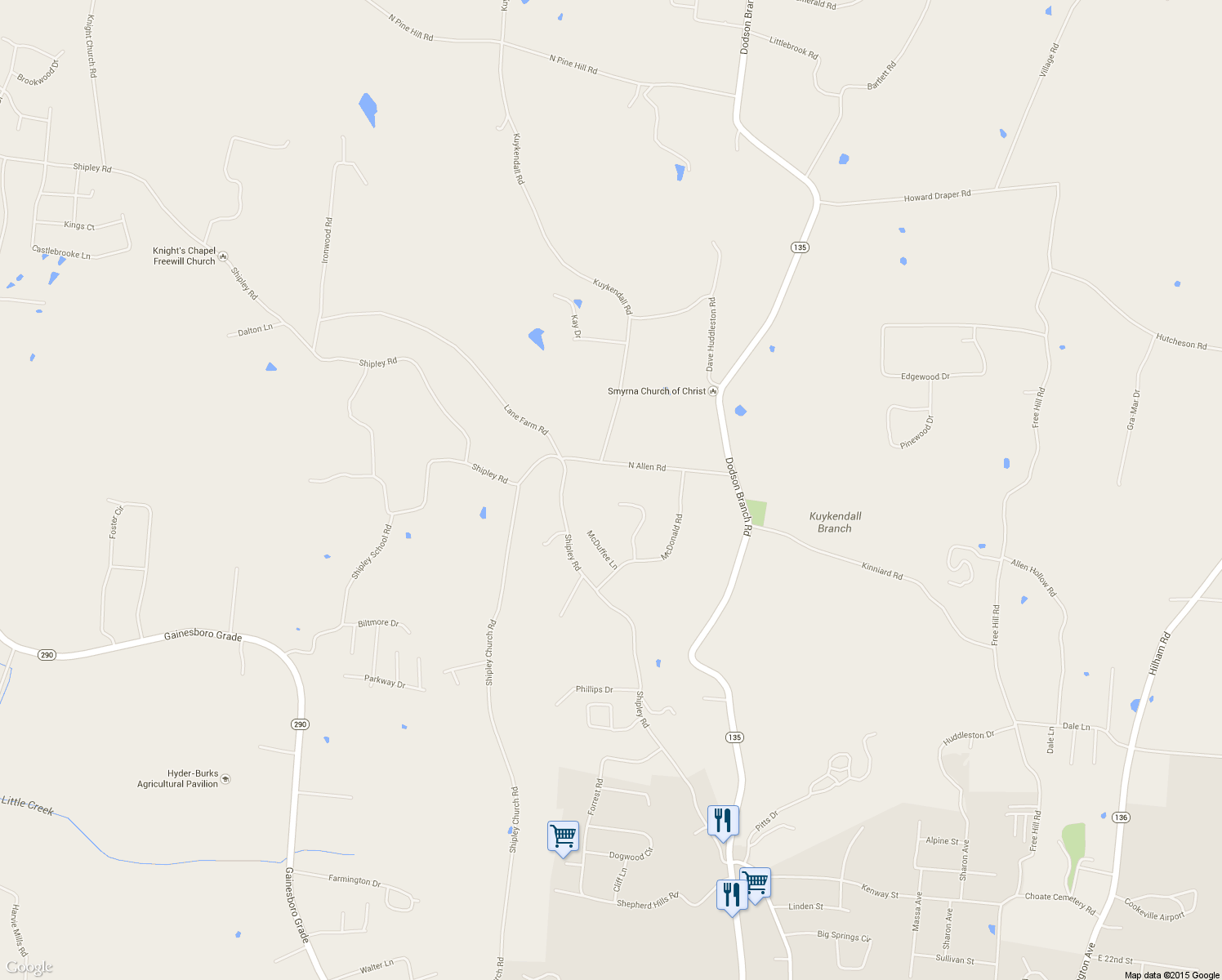 map of restaurants, bars, coffee shops, grocery stores, and more near 1073 McGregor Lane in Cookeville