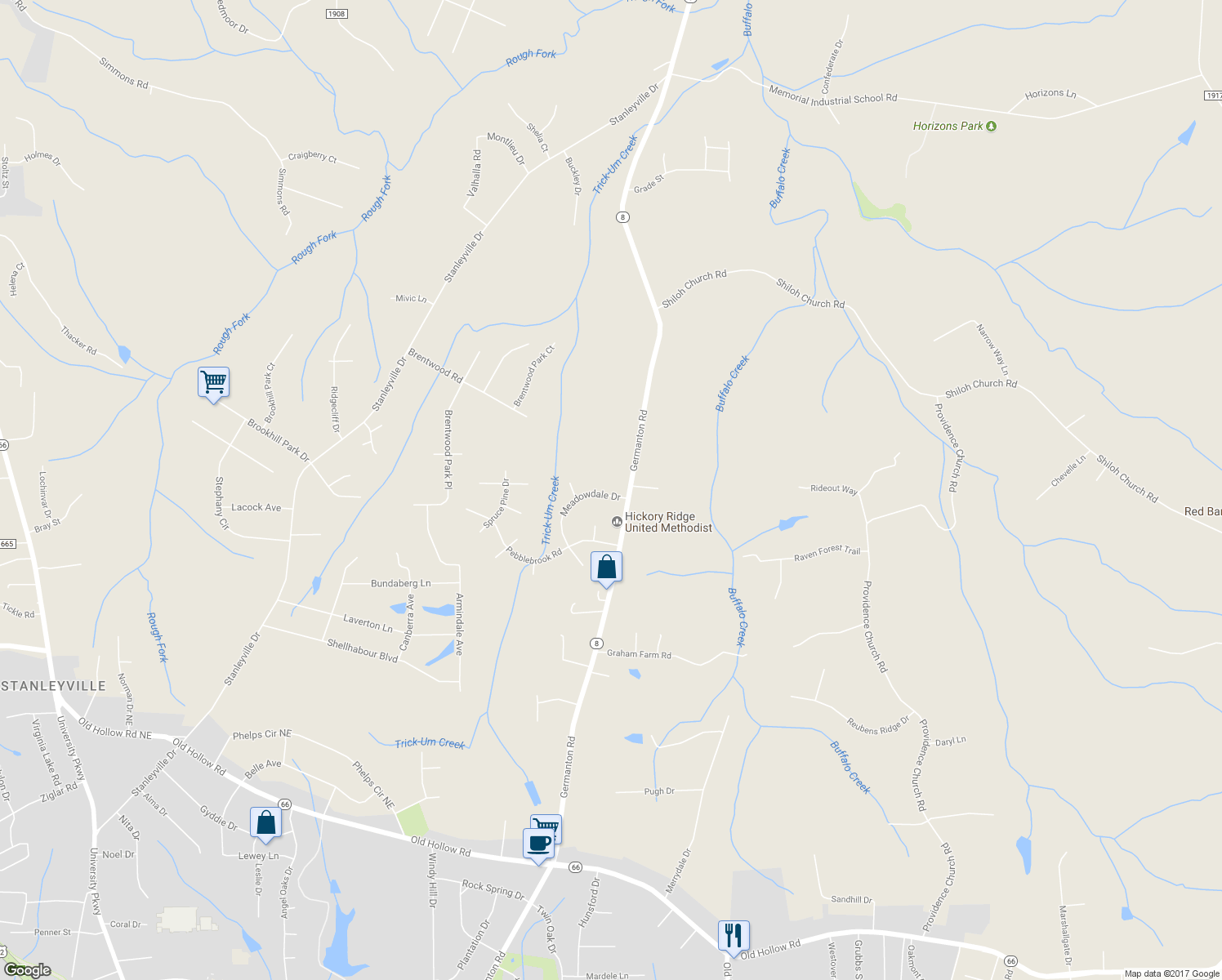map of restaurants, bars, coffee shops, grocery stores, and more near 6140 Meadowdale Drive in Winston-Salem