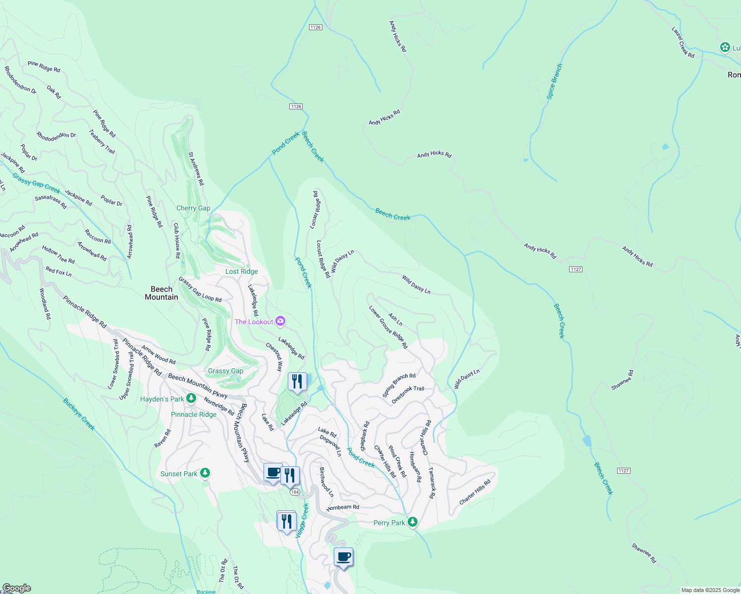 map of restaurants, bars, coffee shops, grocery stores, and more near 140 Lower Grouse Ridge Road in Beech Mountain