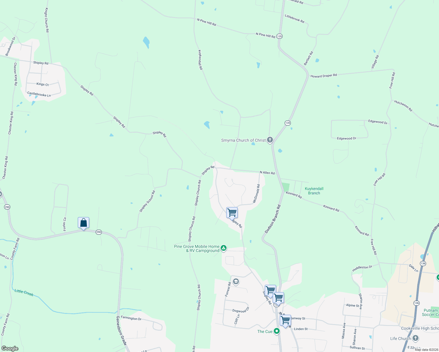map of restaurants, bars, coffee shops, grocery stores, and more near 1070 McGregor Lane in Cookeville