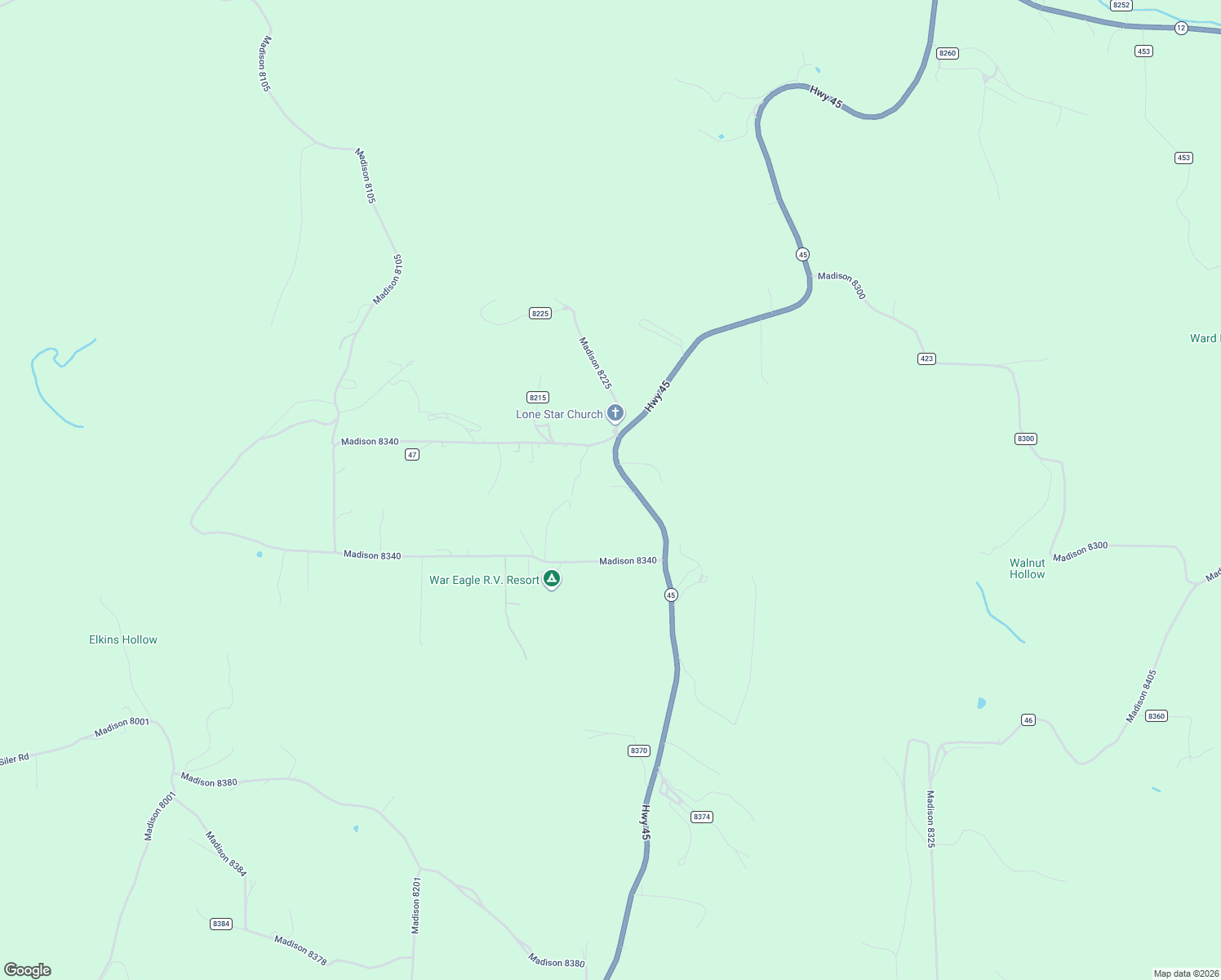 map of restaurants, bars, coffee shops, grocery stores, and more near 9235 State Highway 45 in Hindsville