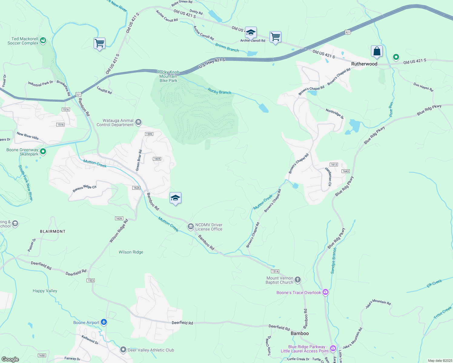 map of restaurants, bars, coffee shops, grocery stores, and more near 691 Rocky Mountain Road in Boone