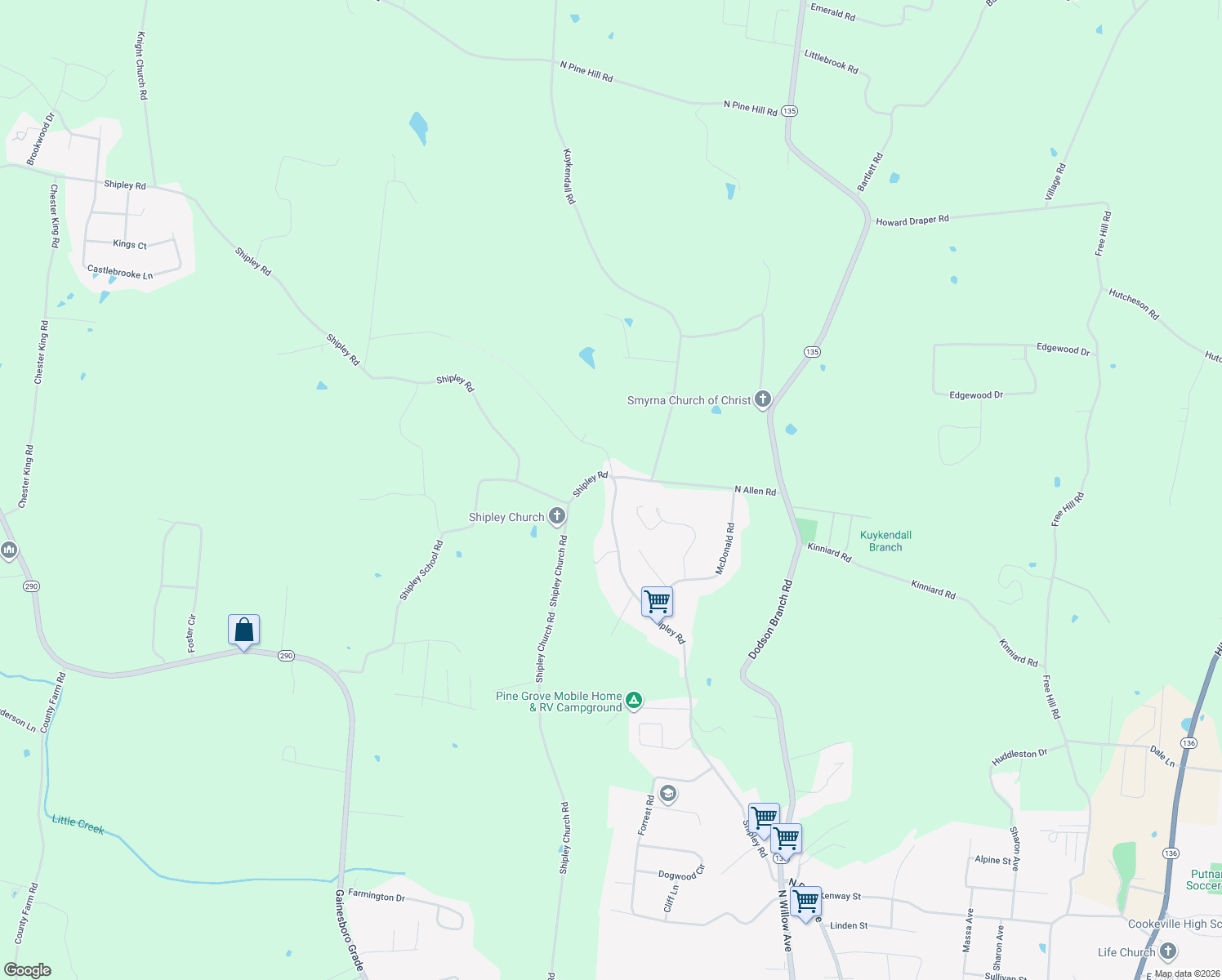 map of restaurants, bars, coffee shops, grocery stores, and more near 2142 Shipley Road in Cookeville