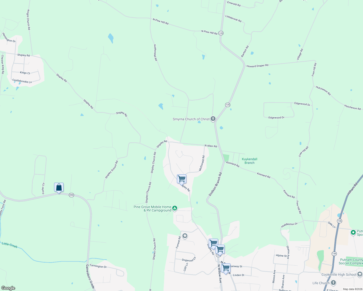 map of restaurants, bars, coffee shops, grocery stores, and more near 1158 North Allen Road in Cookeville