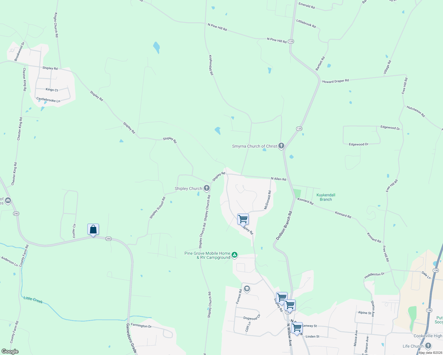 map of restaurants, bars, coffee shops, grocery stores, and more near 2142 Shipley Road in Cookeville