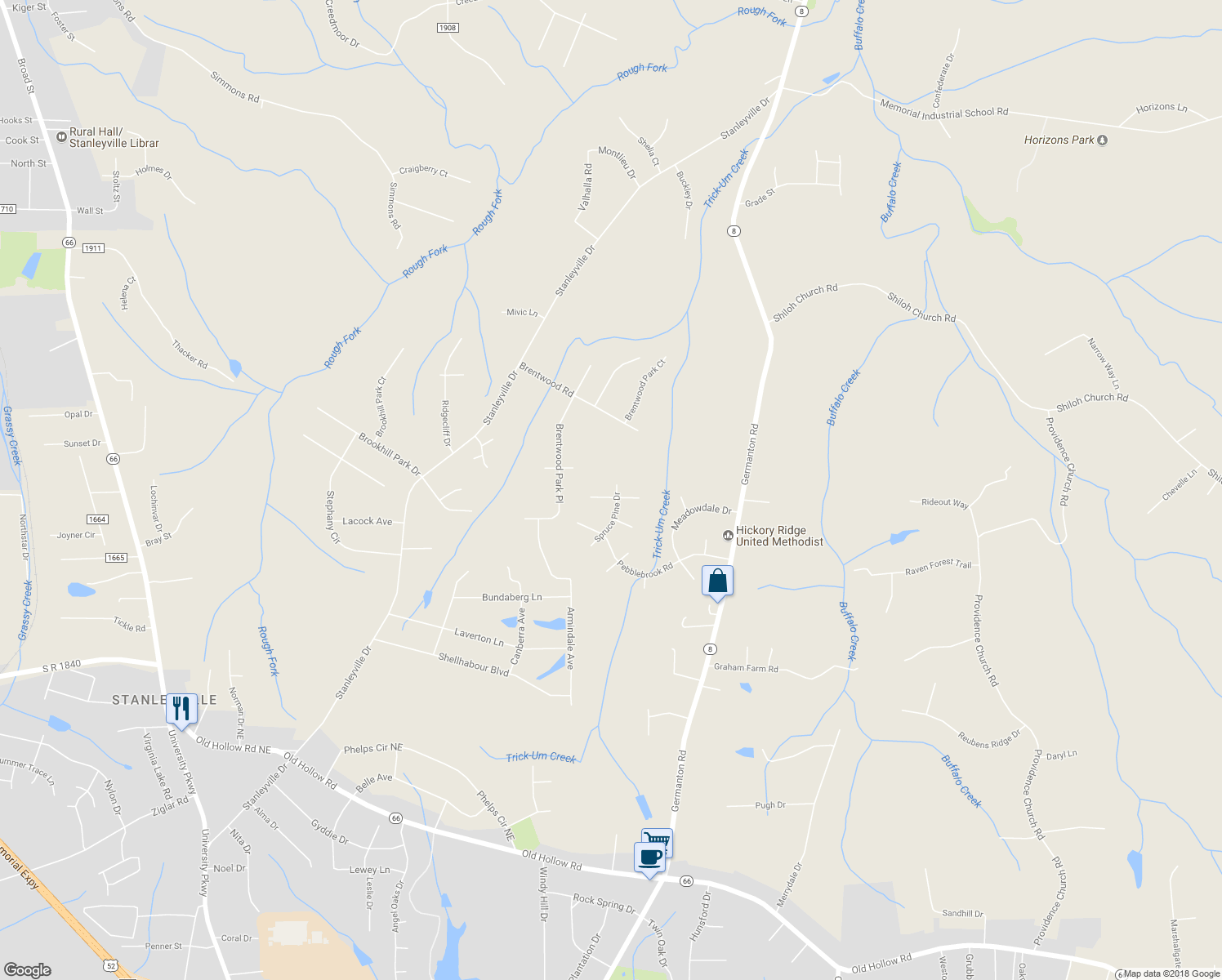 map of restaurants, bars, coffee shops, grocery stores, and more near 1217 West Rollingwood Circle in Winston-Salem