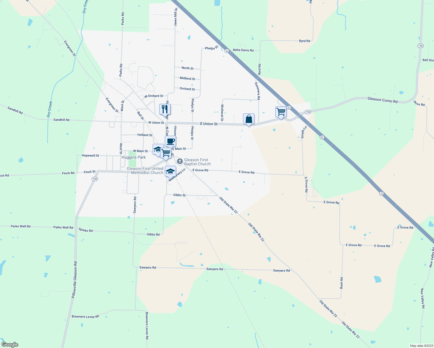 map of restaurants, bars, coffee shops, grocery stores, and more near 109 E Grove Rd in Gleason