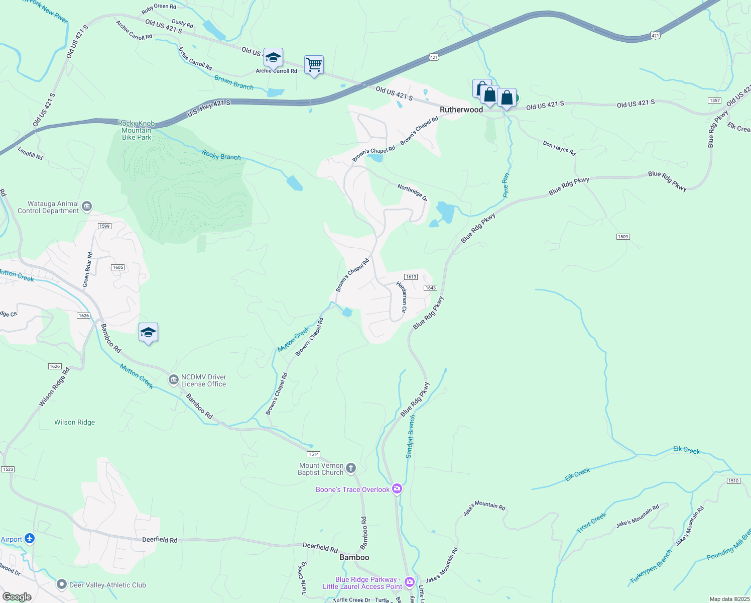 map of restaurants, bars, coffee shops, grocery stores, and more near 181 Lomax Street in Boone