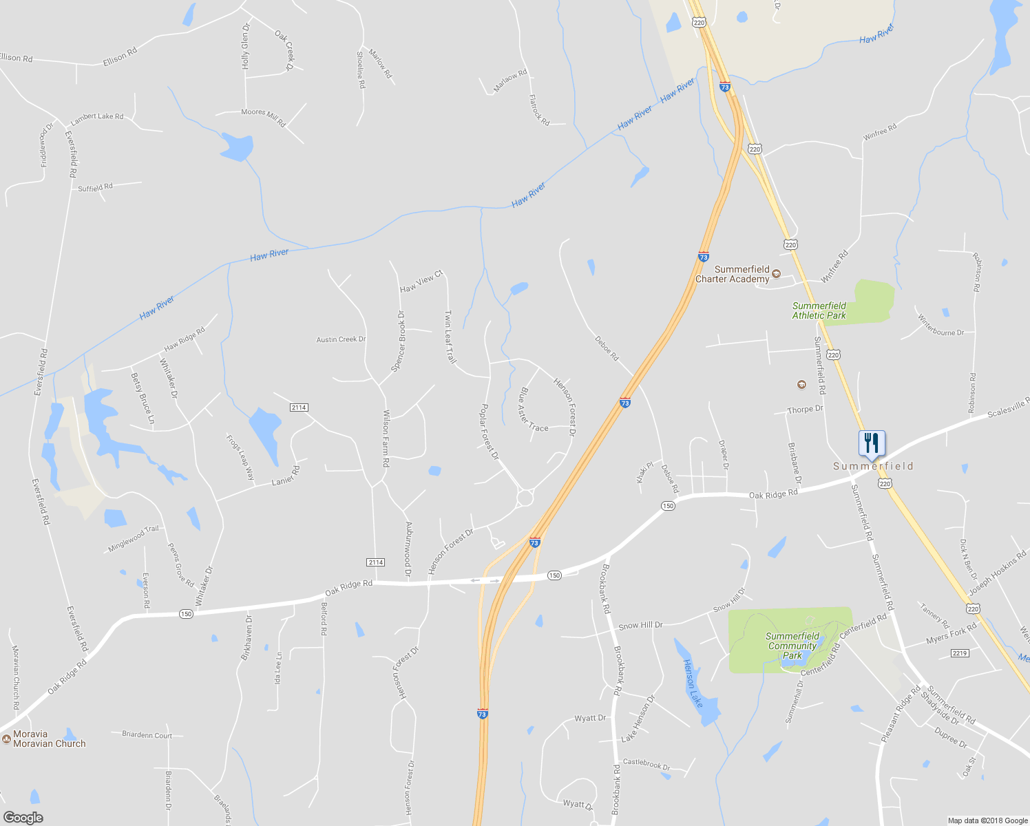 map of restaurants, bars, coffee shops, grocery stores, and more near 6321 Blue Aster Trace in Summerfield