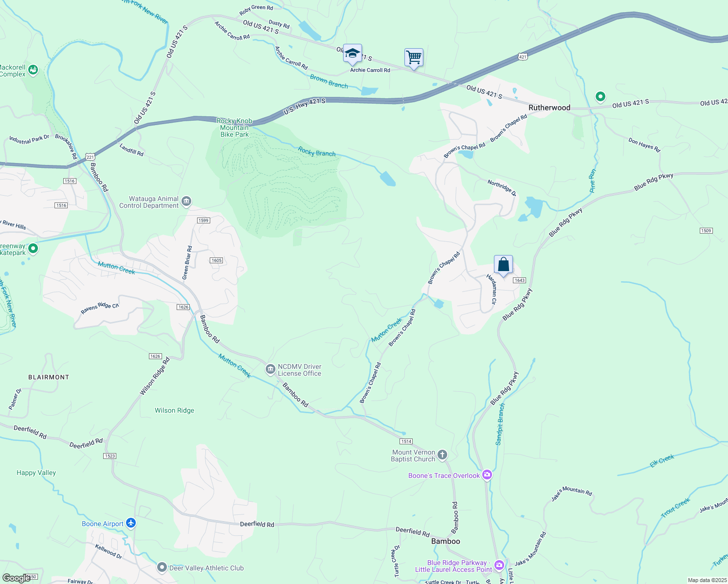 map of restaurants, bars, coffee shops, grocery stores, and more near 396 Woodhaven Trail in Boone
