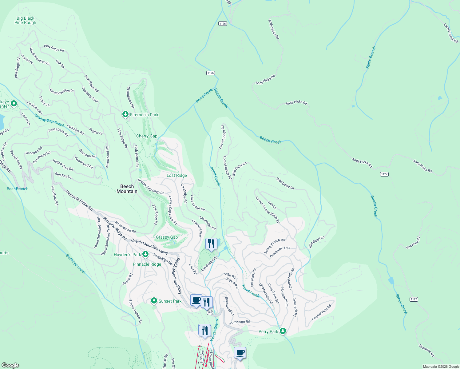 map of restaurants, bars, coffee shops, grocery stores, and more near 211 Locust Ridge Road in Beech Mountain