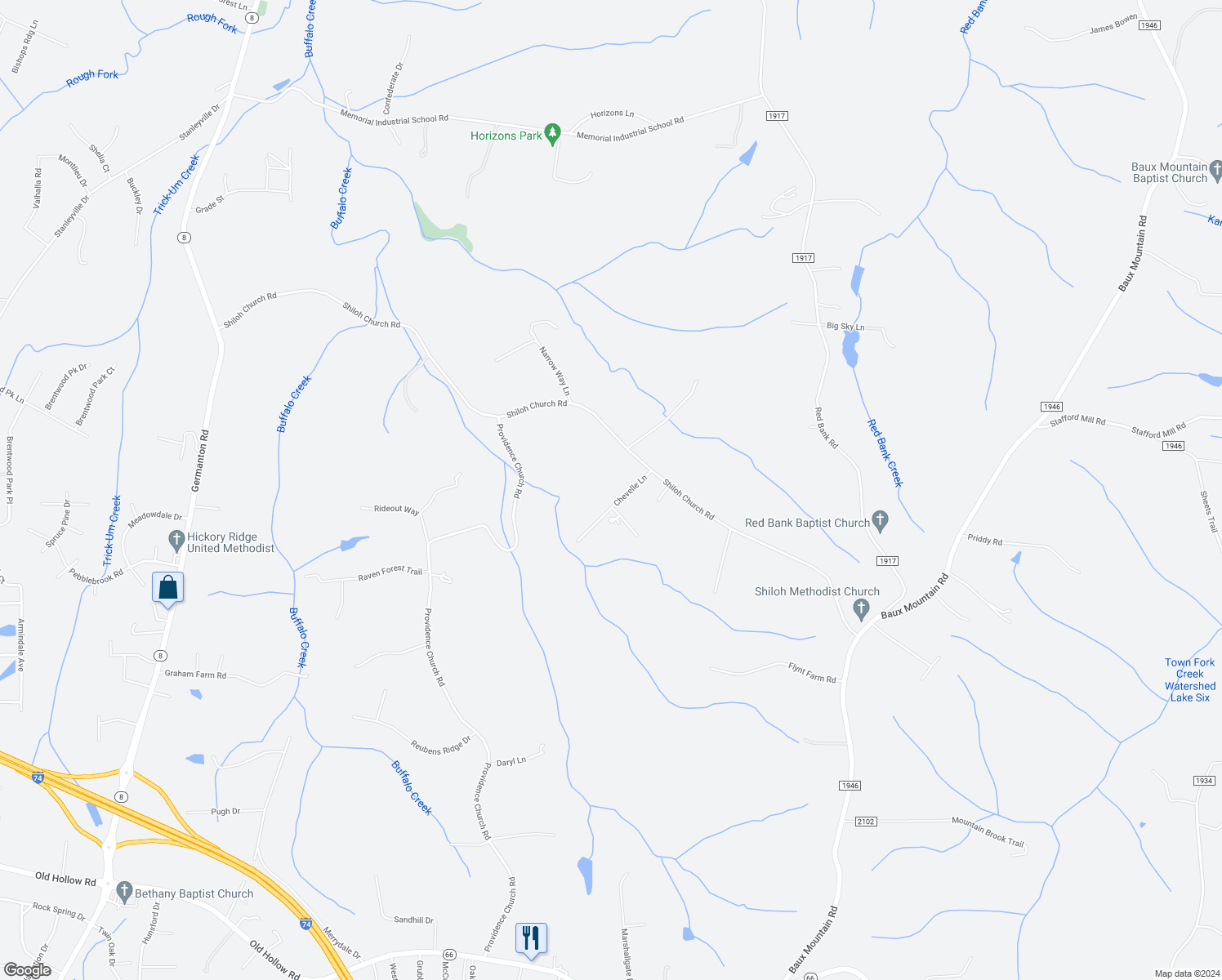 map of restaurants, bars, coffee shops, grocery stores, and more near 1244 Chevelle Lane in Winston-Salem