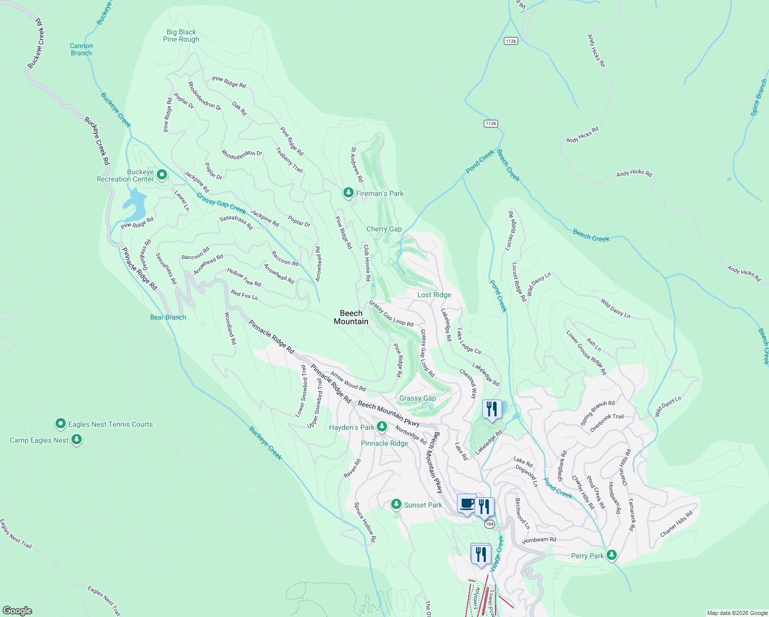 map of restaurants, bars, coffee shops, grocery stores, and more near 216 Grassy Gap Loop Road in Beech Mountain