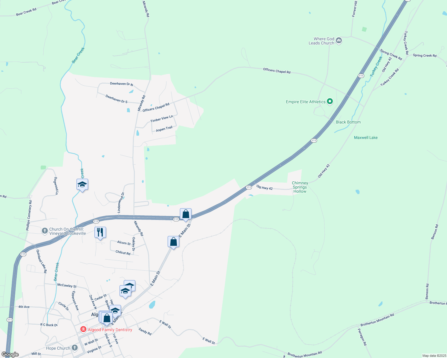 map of restaurants, bars, coffee shops, grocery stores, and more near 4646 Tennessee 111 in Cookeville