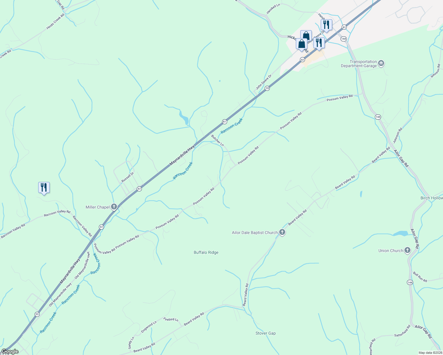 map of restaurants, bars, coffee shops, grocery stores, and more near 371 Possum Valley Road in Maynardville