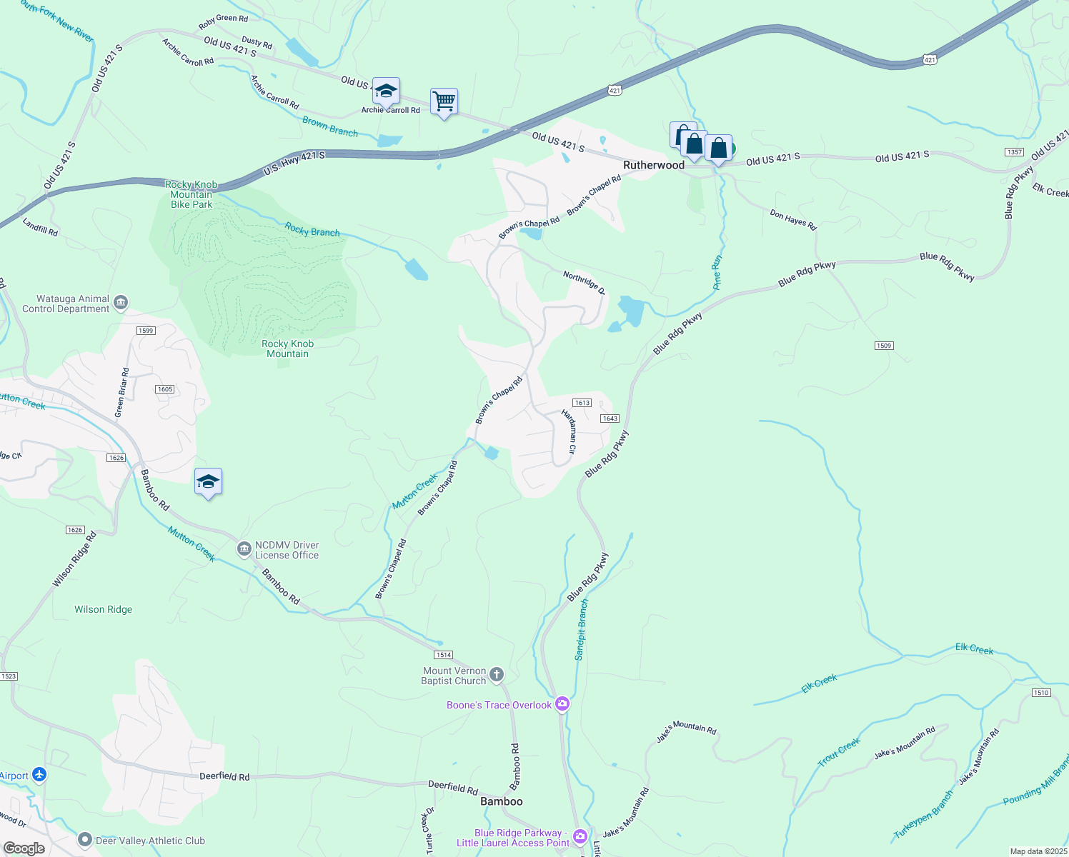 map of restaurants, bars, coffee shops, grocery stores, and more near 181 Lomax Street in Boone