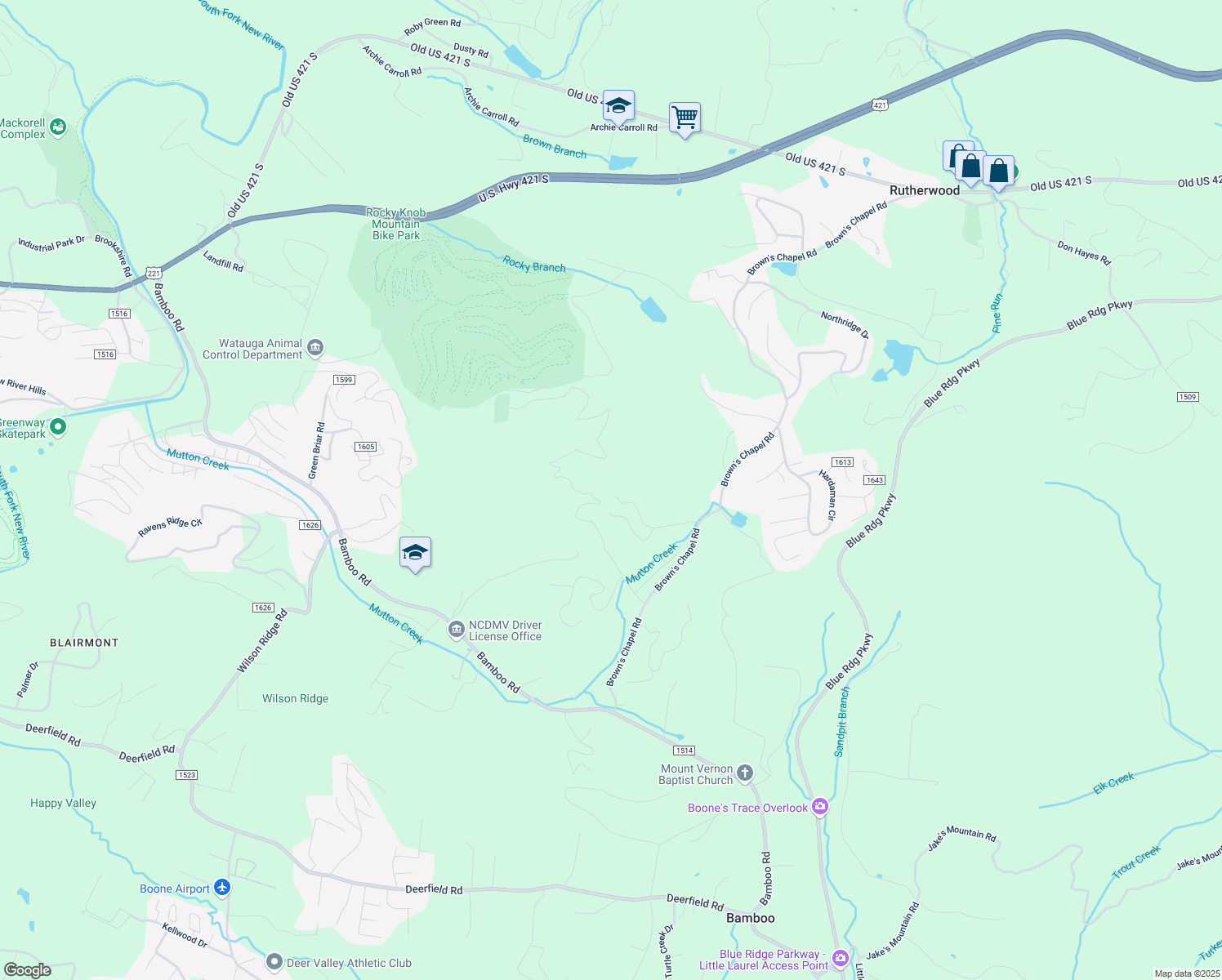 map of restaurants, bars, coffee shops, grocery stores, and more near 396 Woodhaven Trail in Boone