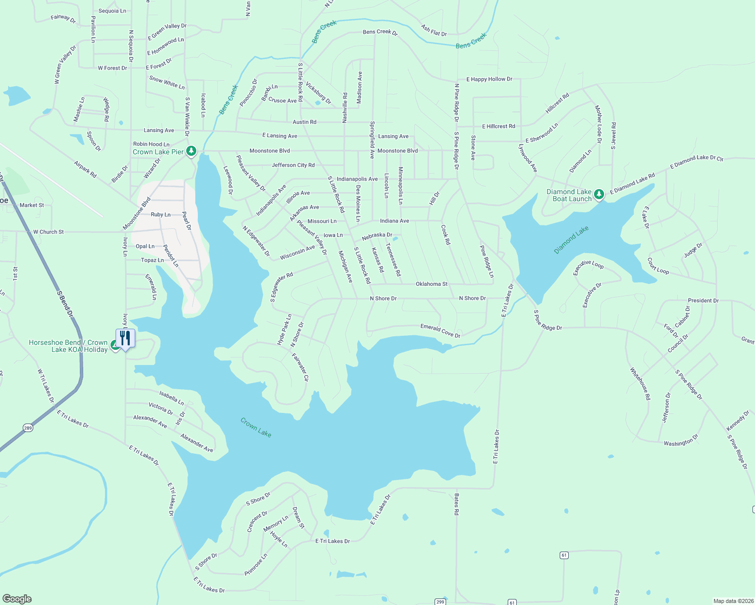 map of restaurants, bars, coffee shops, grocery stores, and more near 1303 South Little Rock Road in Horseshoe Bend