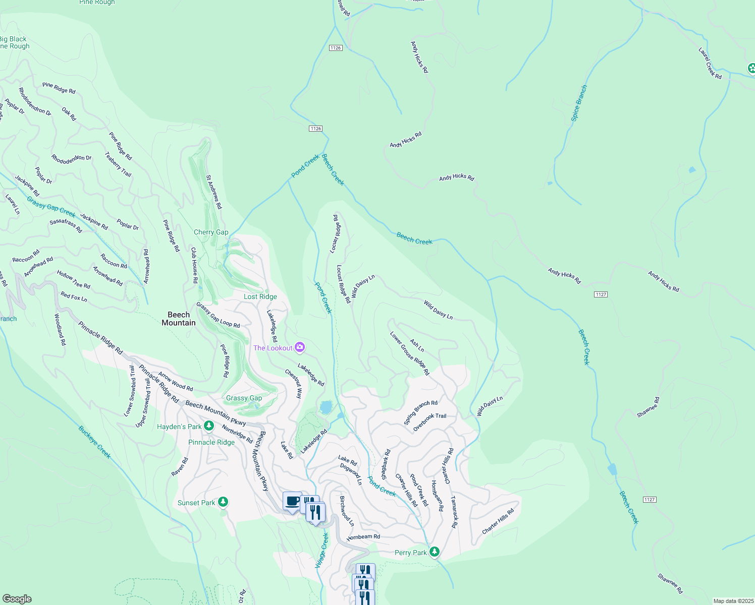 map of restaurants, bars, coffee shops, grocery stores, and more near 127 West Blueberry Lane in Beech Mountain