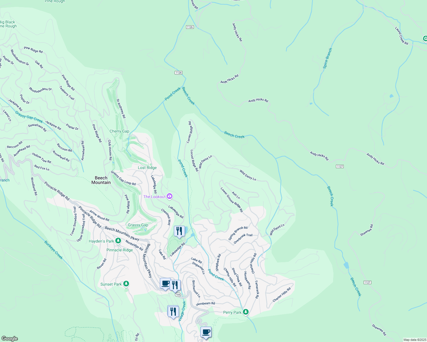 map of restaurants, bars, coffee shops, grocery stores, and more near 127 West Blueberry Lane in Beech Mountain