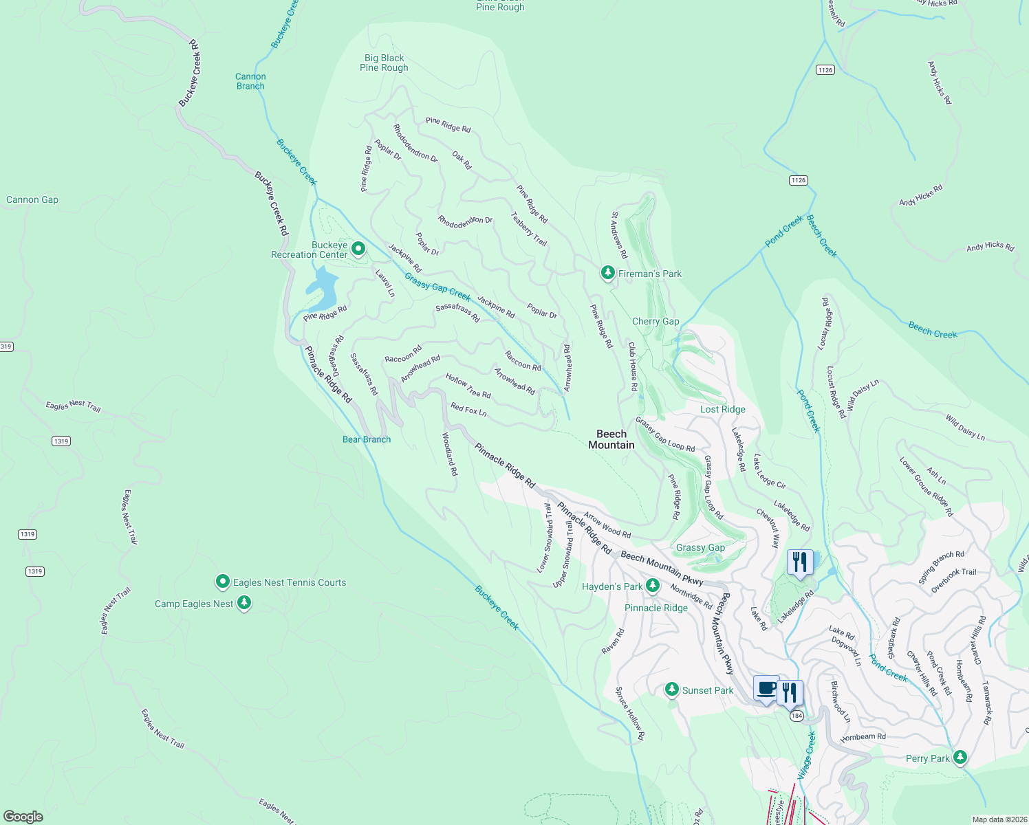 map of restaurants, bars, coffee shops, grocery stores, and more near 131 Hollow Tree Road in Beech Mountain