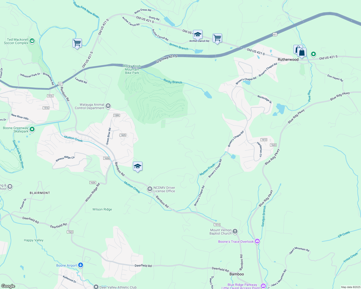 map of restaurants, bars, coffee shops, grocery stores, and more near 691 Rocky Mountain Road in Boone