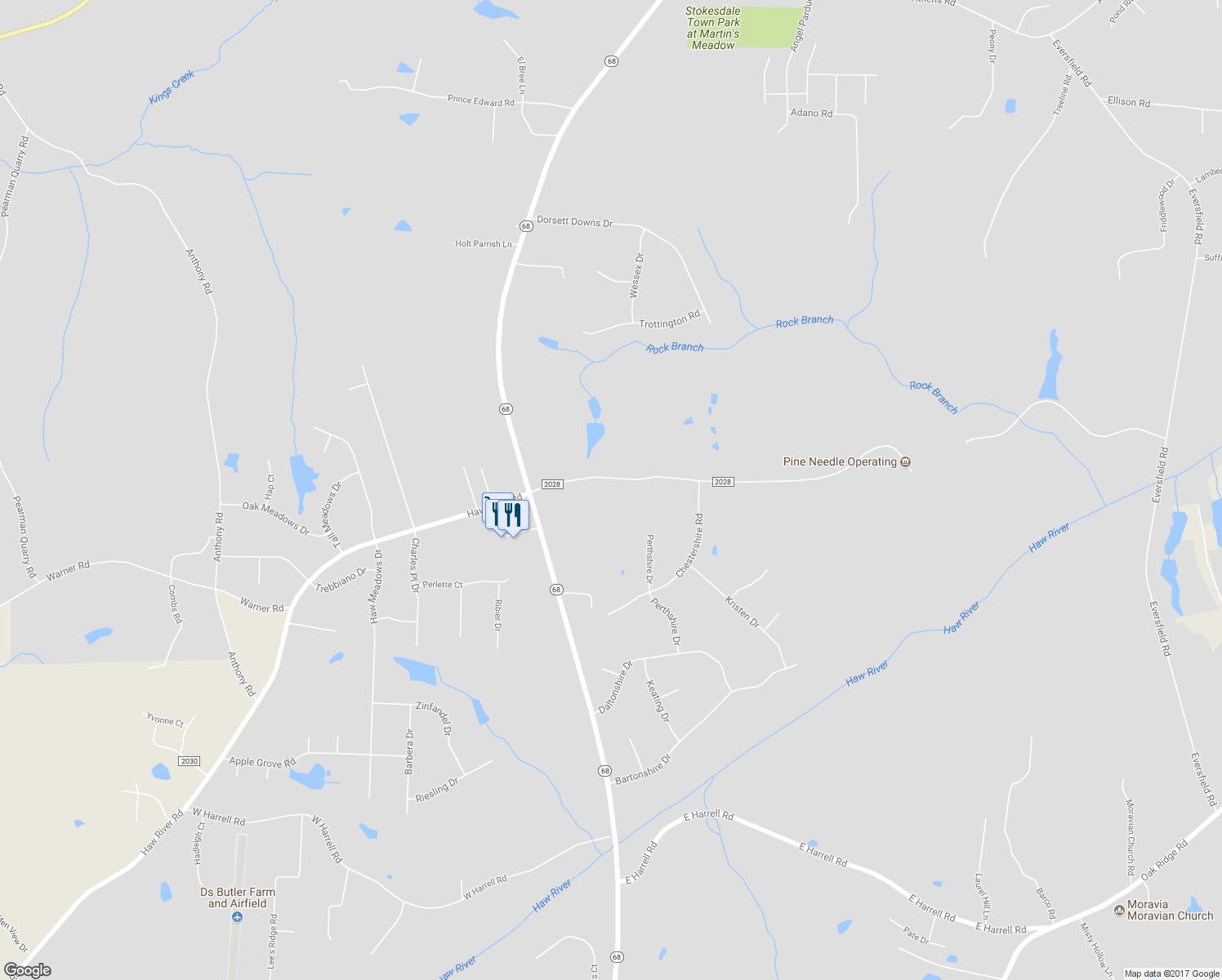 map of restaurants, bars, coffee shops, grocery stores, and more near 8075 Haw River Road in Stokesdale