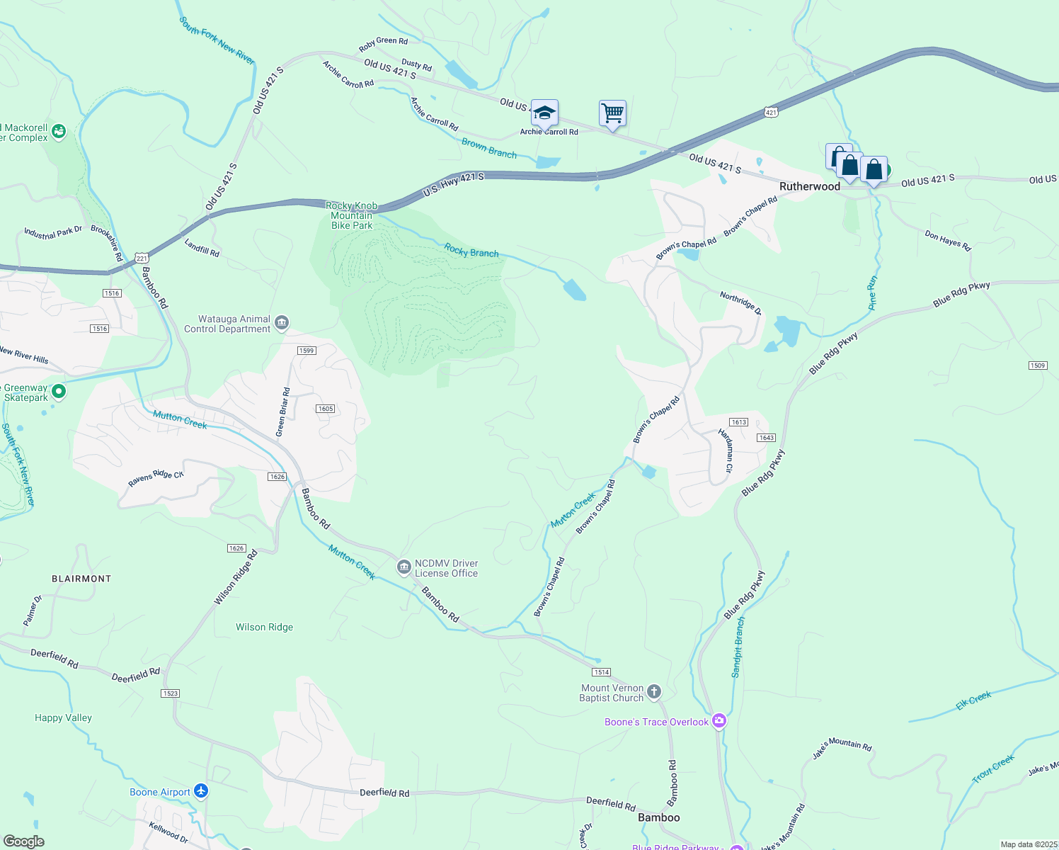 map of restaurants, bars, coffee shops, grocery stores, and more near 954 Rocky Mountain Road in Boone