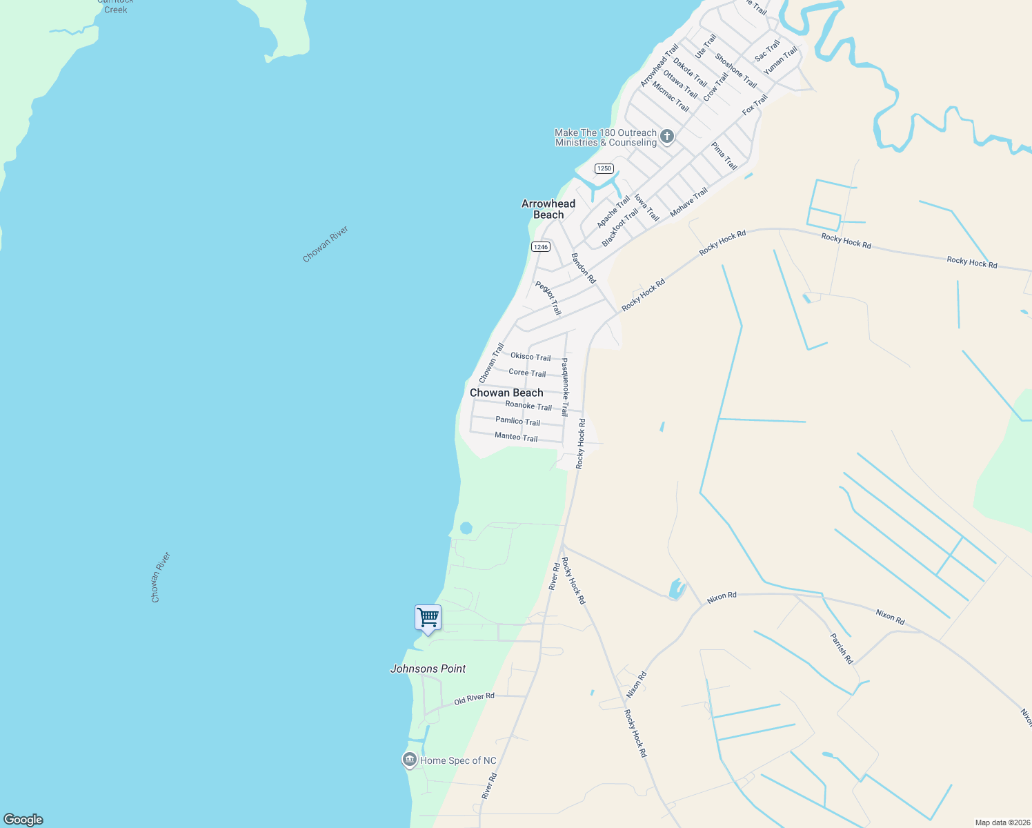 map of restaurants, bars, coffee shops, grocery stores, and more near 502 Tuscaroro Trail in Edenton