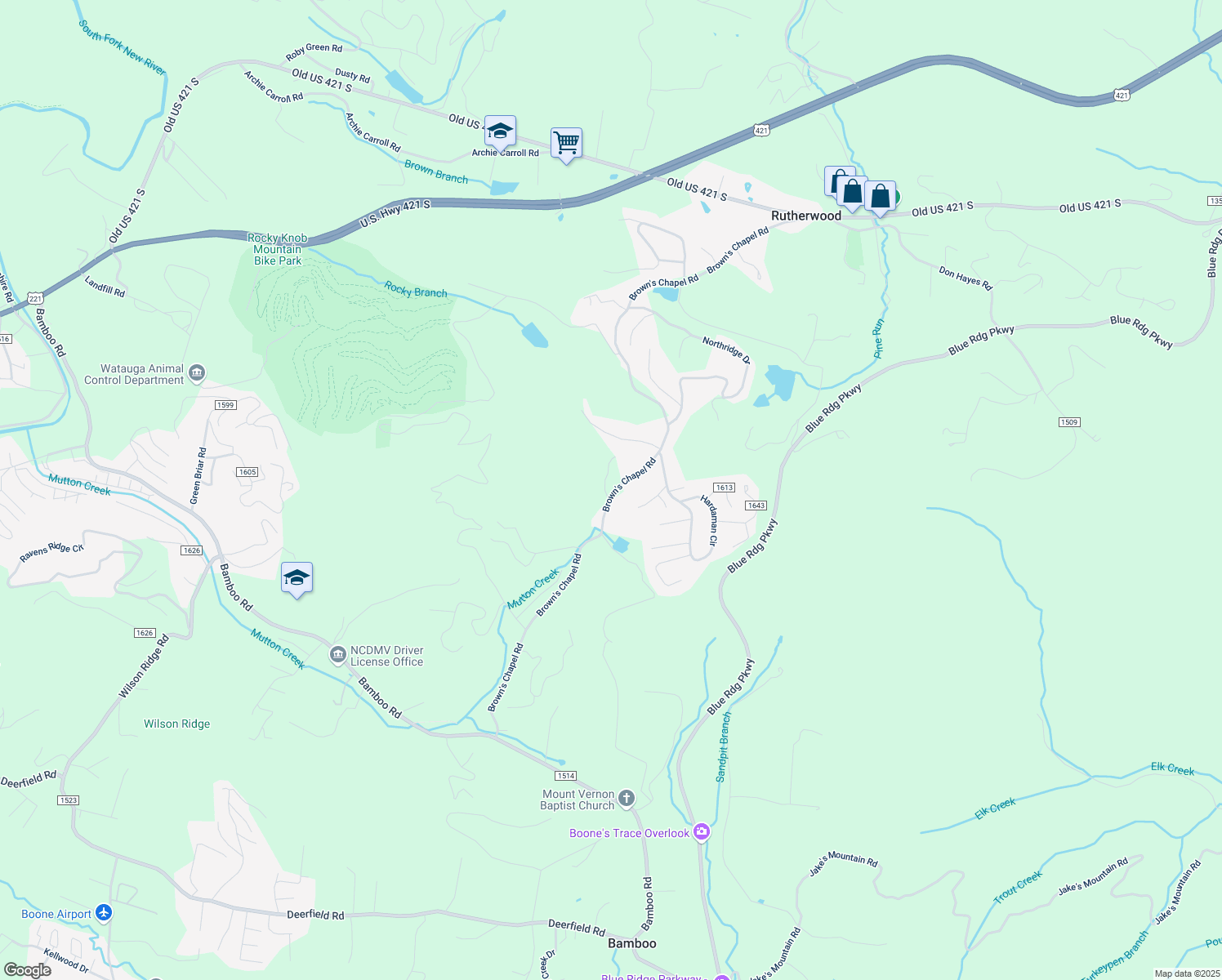 map of restaurants, bars, coffee shops, grocery stores, and more near 921 Brown's Chapel Road in Boone