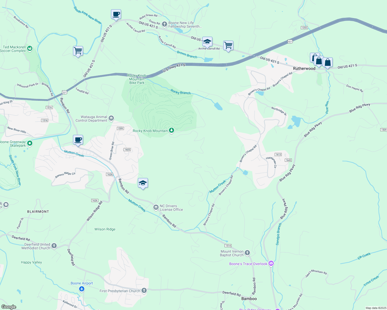 map of restaurants, bars, coffee shops, grocery stores, and more near 954 Rocky Mountain Road in Boone