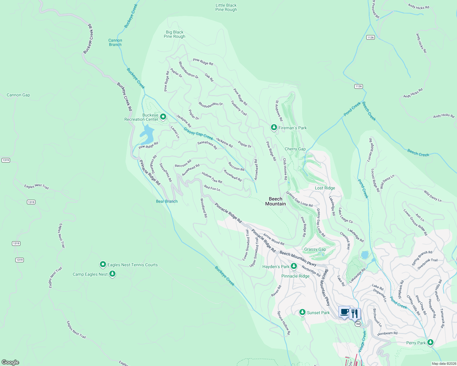 map of restaurants, bars, coffee shops, grocery stores, and more near 131 Hollow Tree Road in Beech Mountain