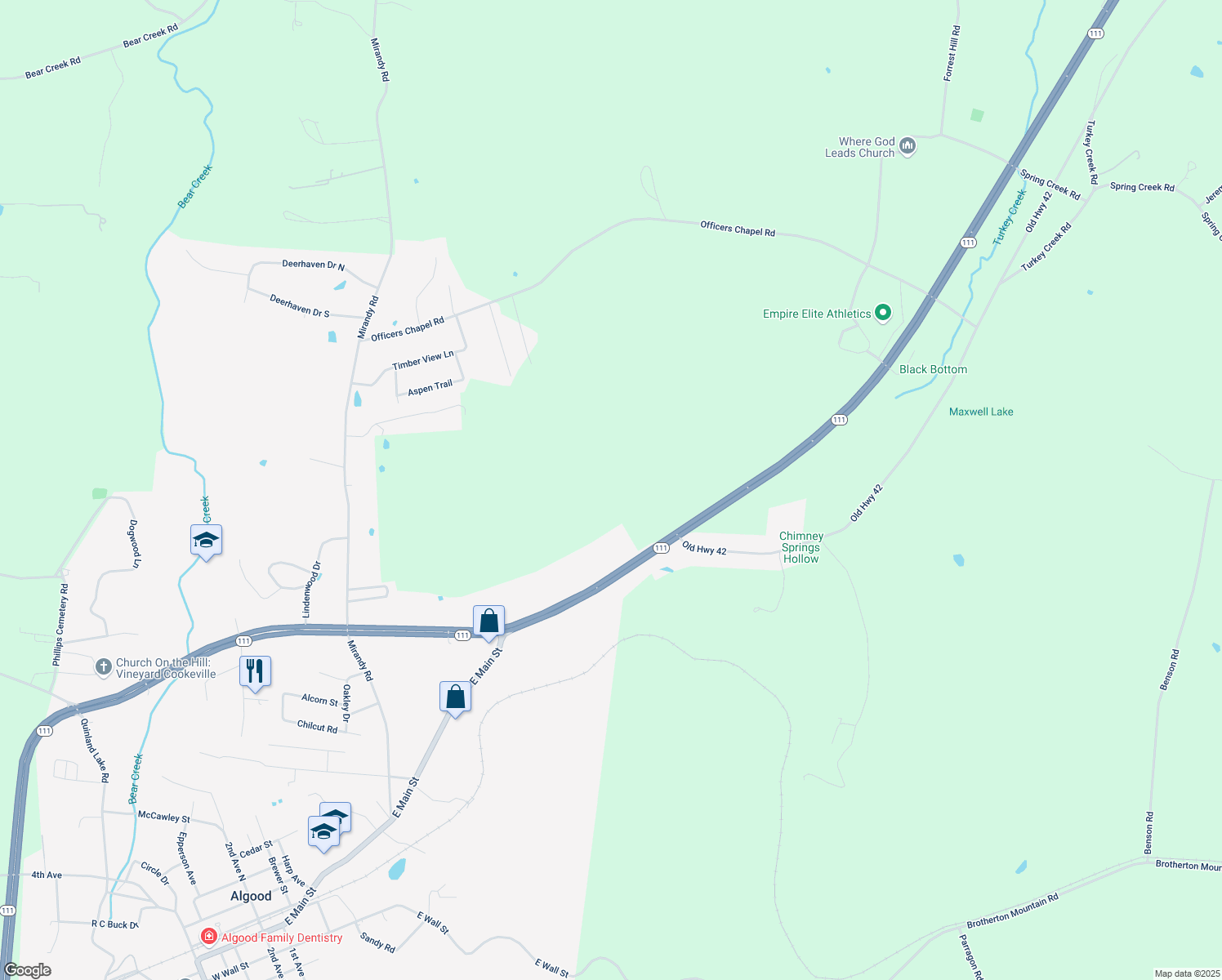 map of restaurants, bars, coffee shops, grocery stores, and more near 4646 Tennessee 111 in Cookeville