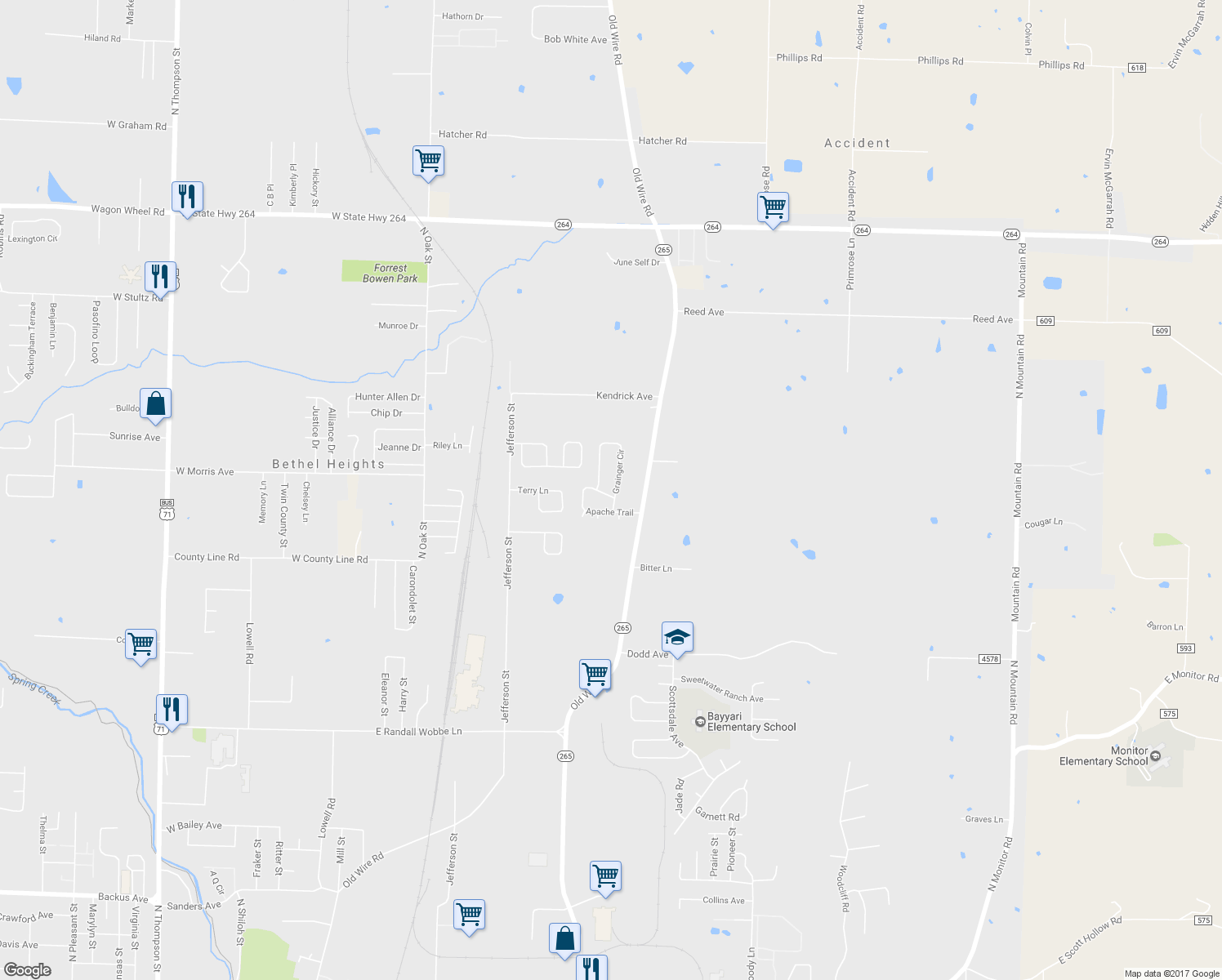 map of restaurants, bars, coffee shops, grocery stores, and more near 1131 Apache Trail in Springdale