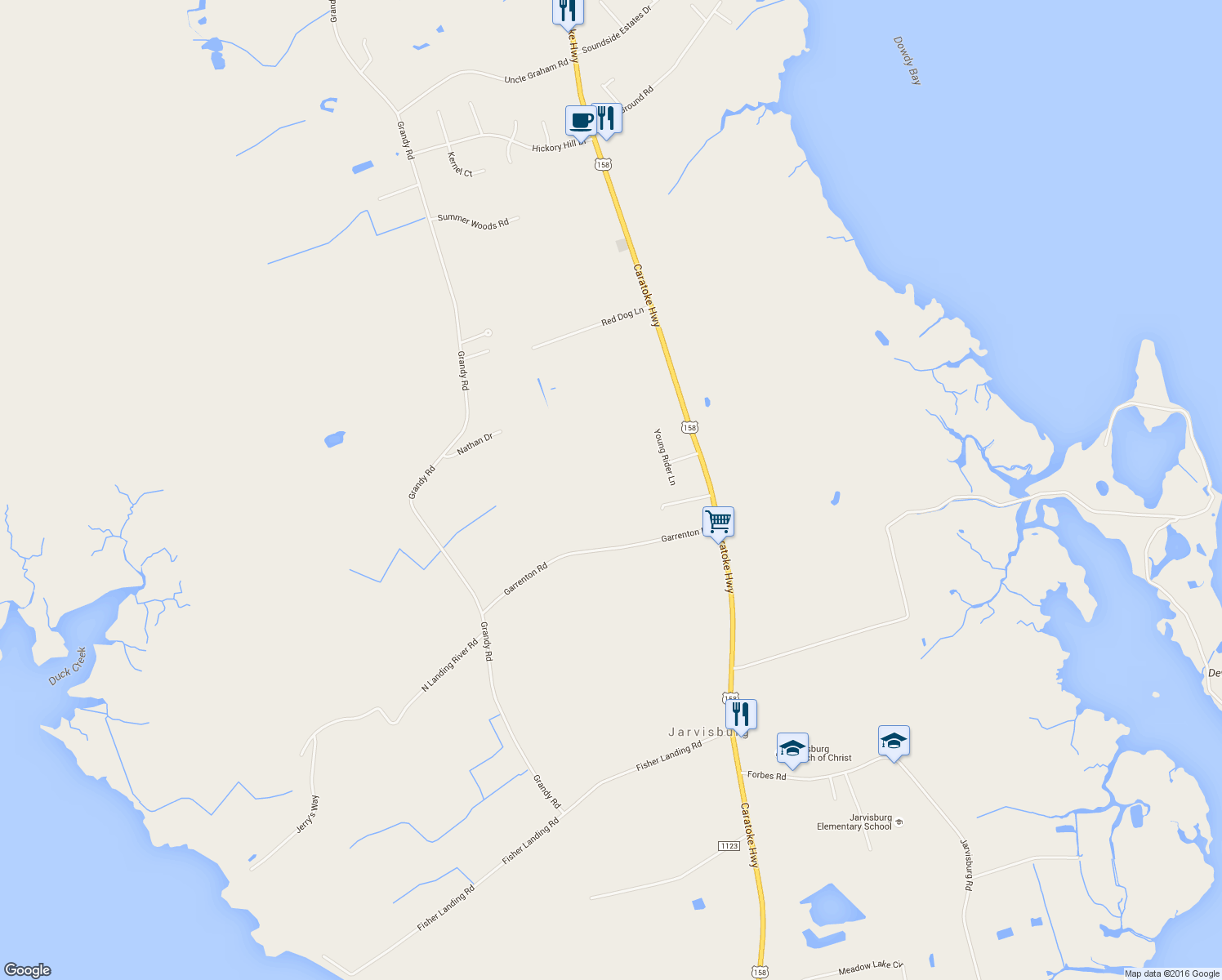 map of restaurants, bars, coffee shops, grocery stores, and more near 108 Young Rider Ln in Grandy